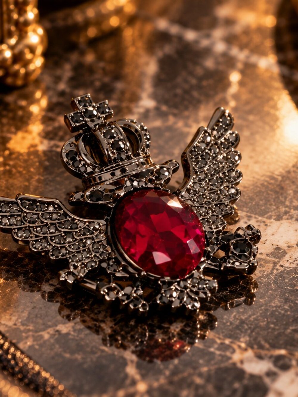 Vintage Gunmetal Crown & Eagle Red Gem Pin Brooch | Gothic Royal Crest Lapel Pin